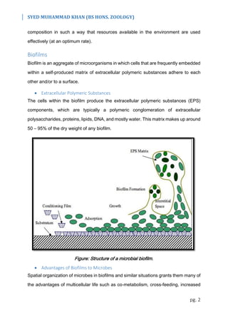 SYED MUHAMMAD KHAN (BS HONS. ZOOLOGY)
pg. 2
composition in such a way that resources available in the environment are used
effectively (at an optimum rate).
Biofilms
Biofilm is an aggregate of microorganisms in which cells that are frequently embedded
within a self-produced matrix of extracellular polymeric substances adhere to each
other and/or to a surface.
 Extracellular Polymeric Substances
The cells within the biofilm produce the extracellular polymeric substances (EPS)
components, which are typically a polymeric conglomeration of extracellular
polysaccharides, proteins, lipids, DNA, and mostly water. This matrix makes up around
50 – 95% of the dry weight of any biofilm.
Figure: Structure of a microbial biofilm.
 Advantages of Biofilms to Microbes
Spatial organization of microbes in biofilms and similar situations grants them many of
the advantages of multicellular life such as co-metabolism, cross-feeding, increased
 