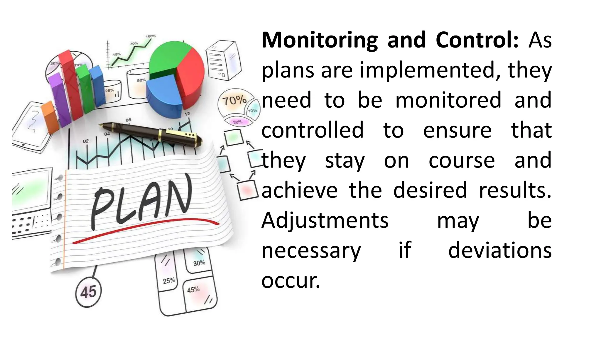 Monitoring and Control: As
plans are implemented, they
need to be monitored and
controlled to ensure that
they stay on course and
achieve the desired results.
Adjustments may be
necessary if deviations
occur.
 