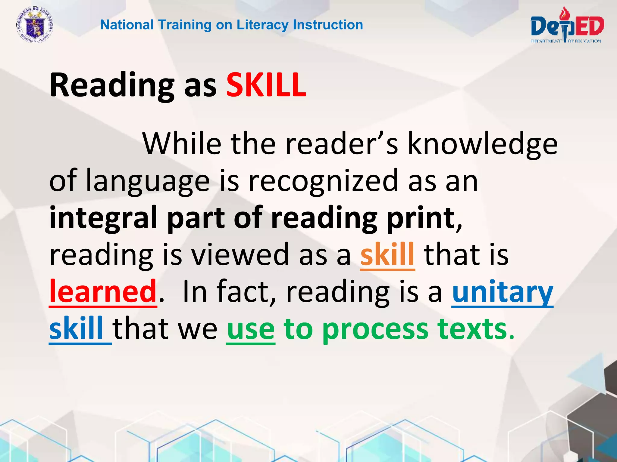 Reading as SKILL
National Training on Literacy Instruction
While the reader’s knowledge
of language is recognized as an
integral part of reading print,
reading is viewed as a skill that is
learned. In fact, reading is a unitary
skill that we use to process texts.
 