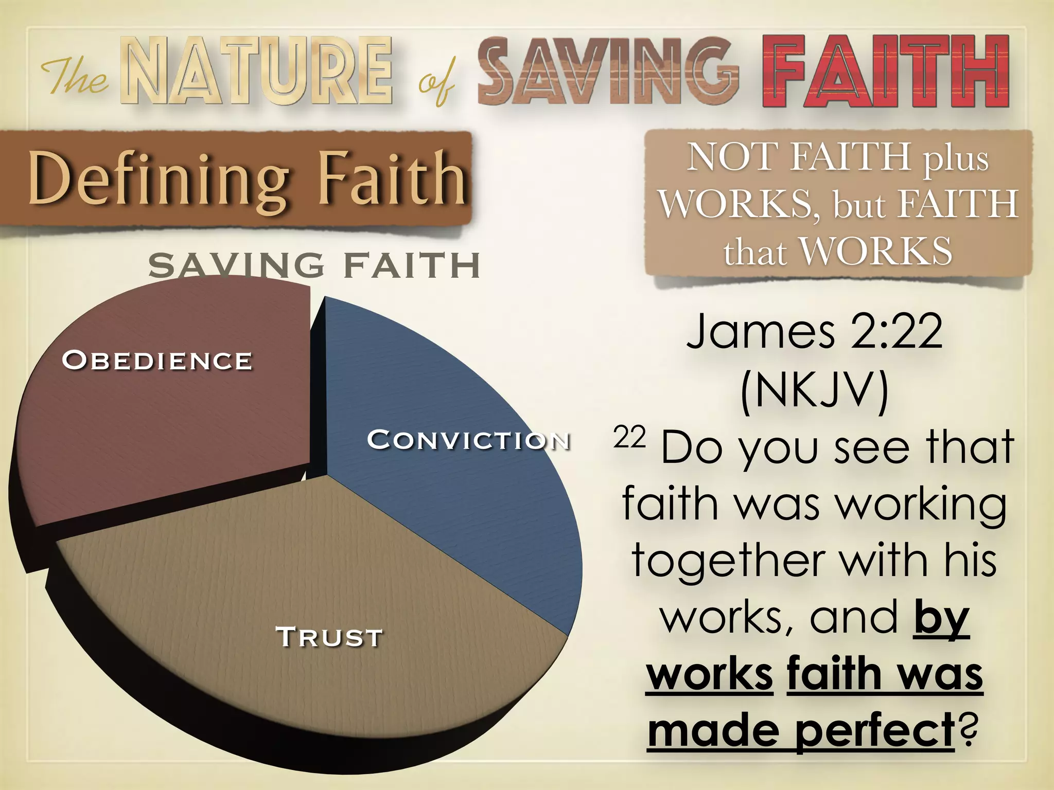 The of
Defining Faith NOT FAITH plus
WORKS, but FAITH
that WORKS
James 2:22
(NKJV)
22
Do you see that
faith was working
together with his
works, and by
works faith was
made perfect?
 
