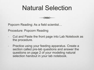 Natural Selection

Popcorn Reading: As a field scientist…
Procedure: Popcorn Reading
-   Cut and Paste the front page into Lab Notebook as
    the procedure.
-   Practice using your feeding apparatus. Create a
    section called pre-lab questions and answer the
    questions on page 2 of your modeling natural
    selection handout in your lab notebook.
 