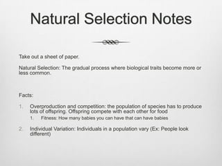 Natural Selection Notes

Take out a sheet of paper.

Natural Selection: The gradual process where biological traits become more or
less common.



Facts:

1.   Overproduction and competition: the population of species has to produce
     lots of offspring. Offspring compete with each other for food
     1.   Fitness: How many babies you can have that can have babies

2.   Individual Variation: Individuals in a population vary (Ex: People look
     different)
 