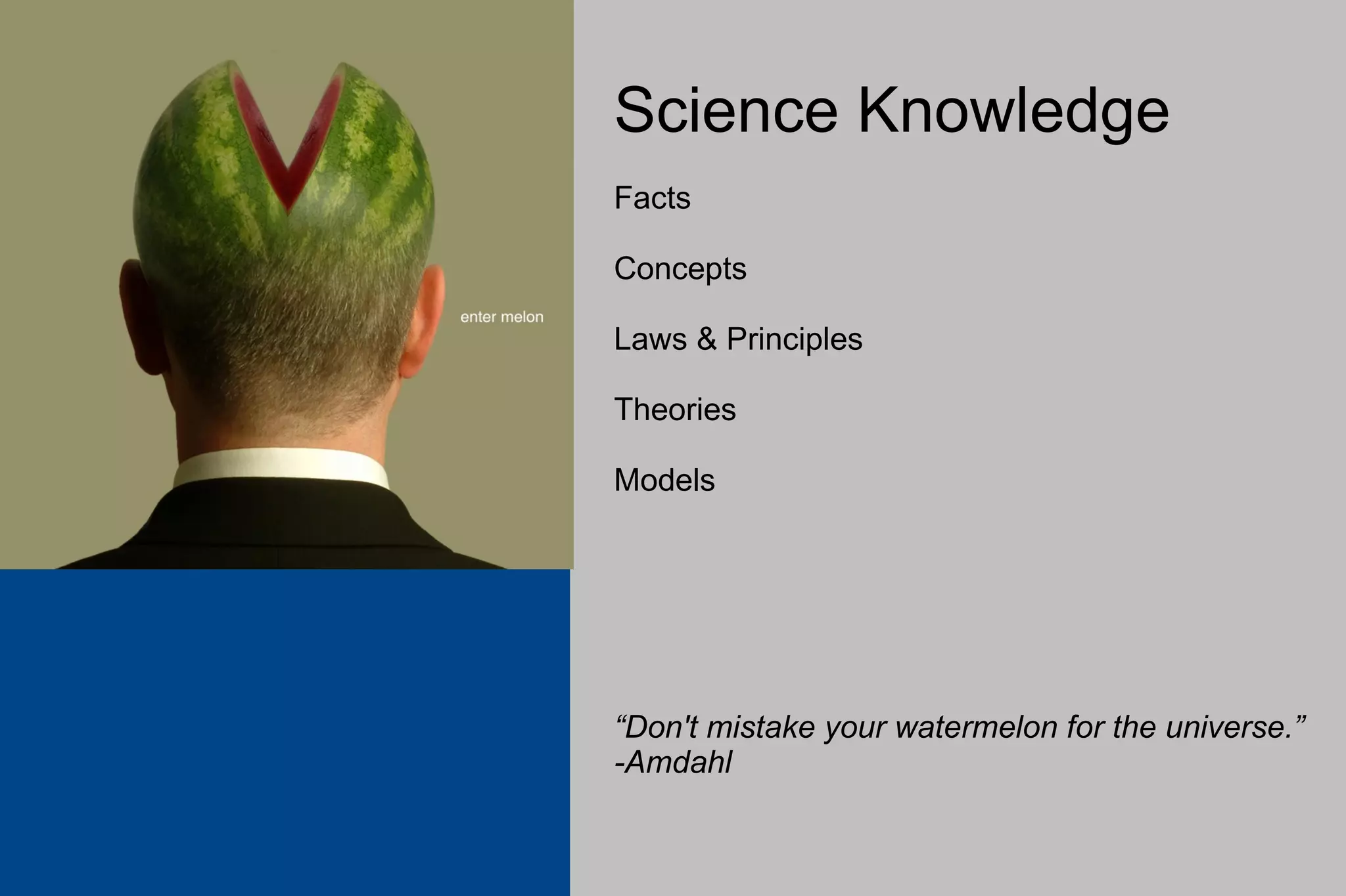 Science Knowledge Facts Concepts Laws & Principles Theories Models “ Don't mistake your watermelon for the universe.” -Amdahl 