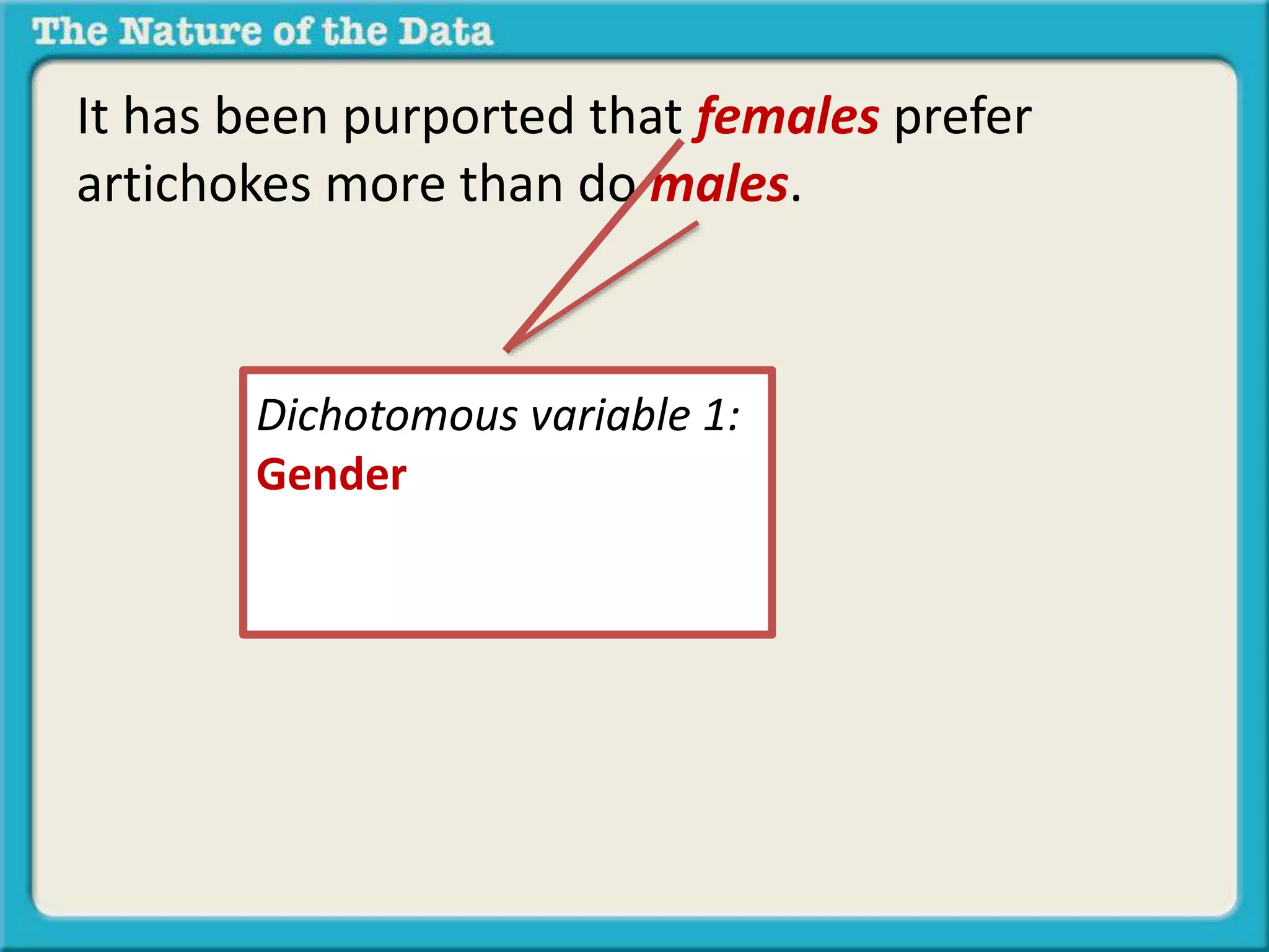 It has been purported that females prefer 
artichokes more than do males. 
Dichotomous variable 1: 
Gender 
(1)Male 
(2)Female 
 