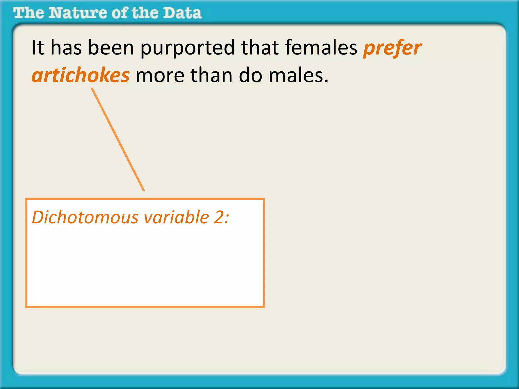 It has been purported that females prefer 
artichokes more than do males. 
Dichotomous variable 2: 
Artichoke Preference 
(1)Prefer Artichokes 
(2)Do not prefer Artichokes 
 