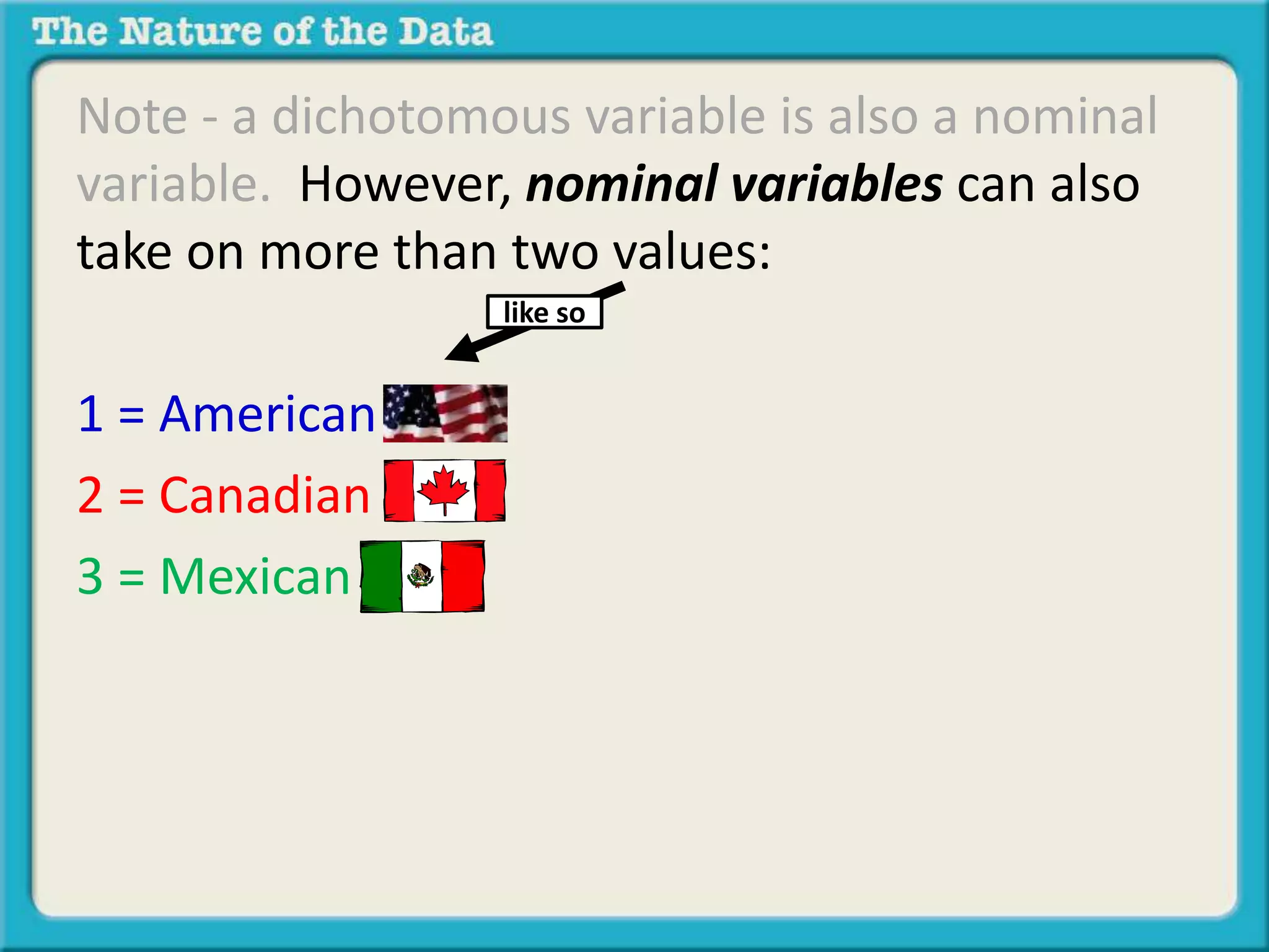 Note - a dichotomous variable is also a nominal 
variable. However, nominal variables can also 
take on more than two values: 
1 = American 
2 = Canadian 
3 = Mexican 
like so 
 