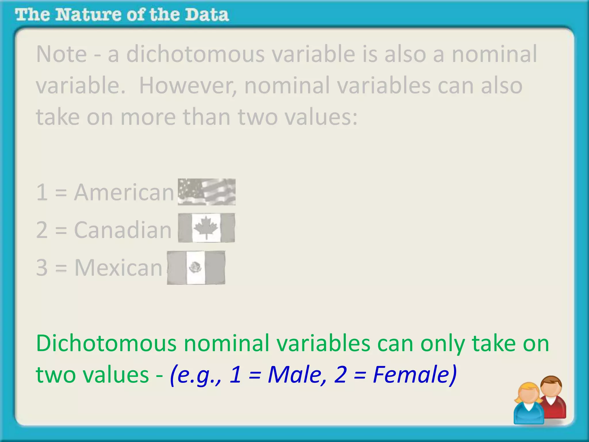 Note - a dichotomous variable is also a nominal 
variable. However, nominal variables can also 
take on more than two values: 
1 = American 
2 = Canadian 
3 = Mexican 
Dichotomous nominal variables can only take on 
two values - (e.g., 1 = Male, 2 = Female) 
 