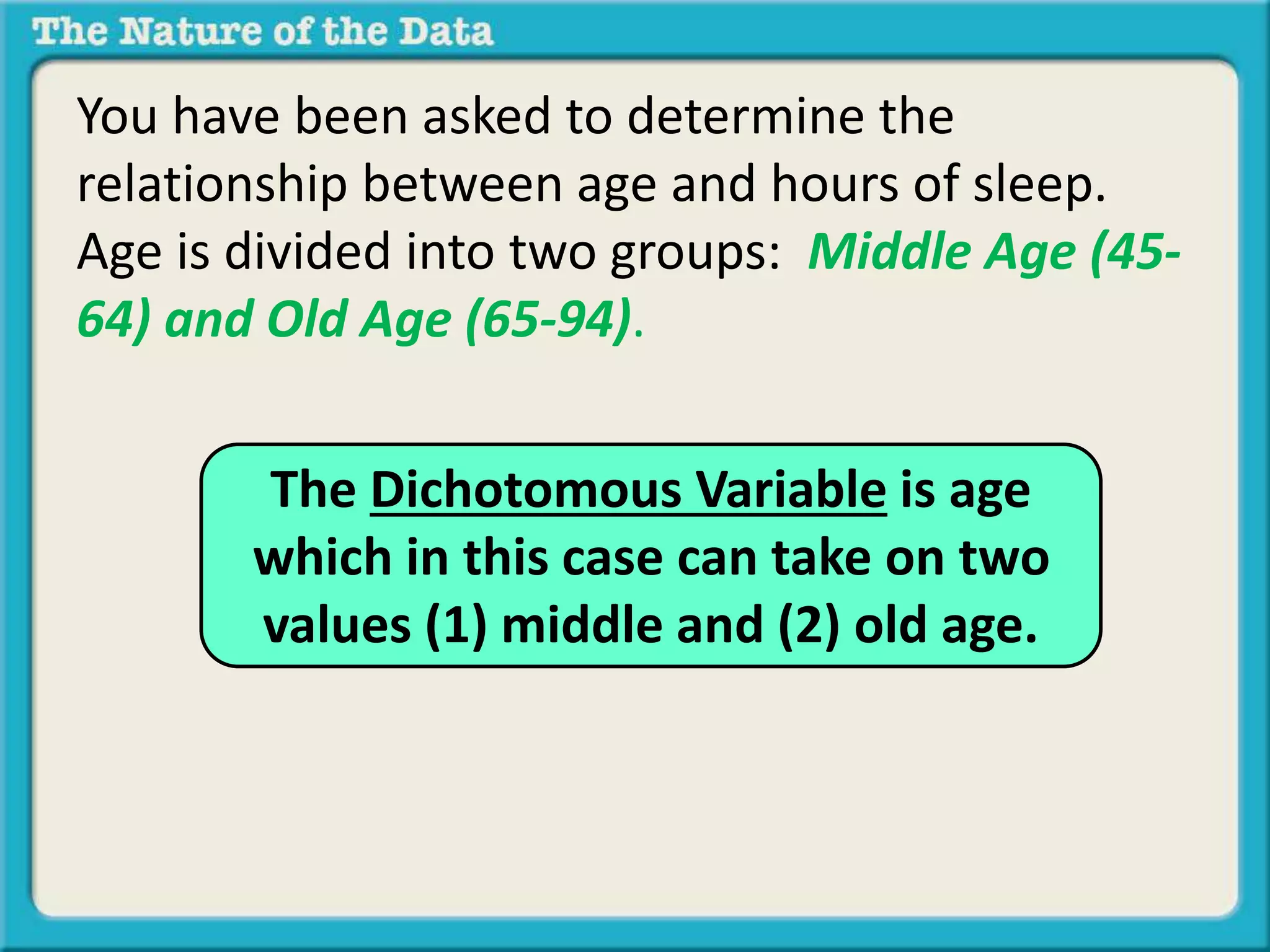 You have been asked to determine the 
relationship between age and hours of sleep. 
Age is divided into two groups: Middle Age (45- 
64) and Old Age (65-94). 
The Dichotomous Variable is age 
which in this case can take on two 
values (1) middle and (2) old age. 
 