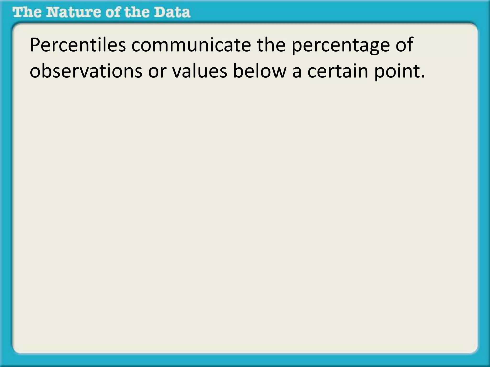 Percentiles communicate the percentage of 
observations or values below a certain point. 
 