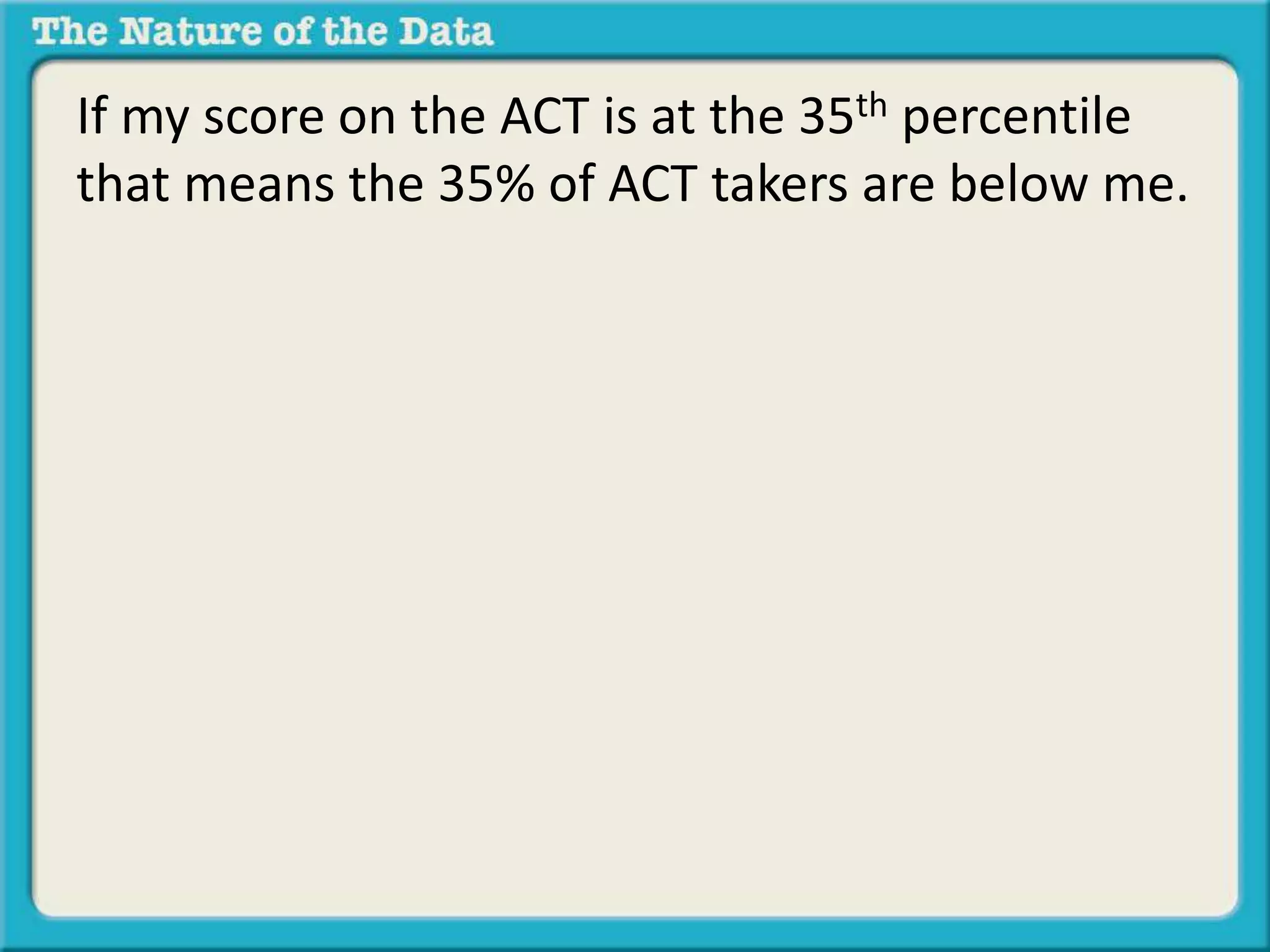 If my score on the ACT is at the 35th percentile 
that means the 35% of ACT takers are below me. 
 
