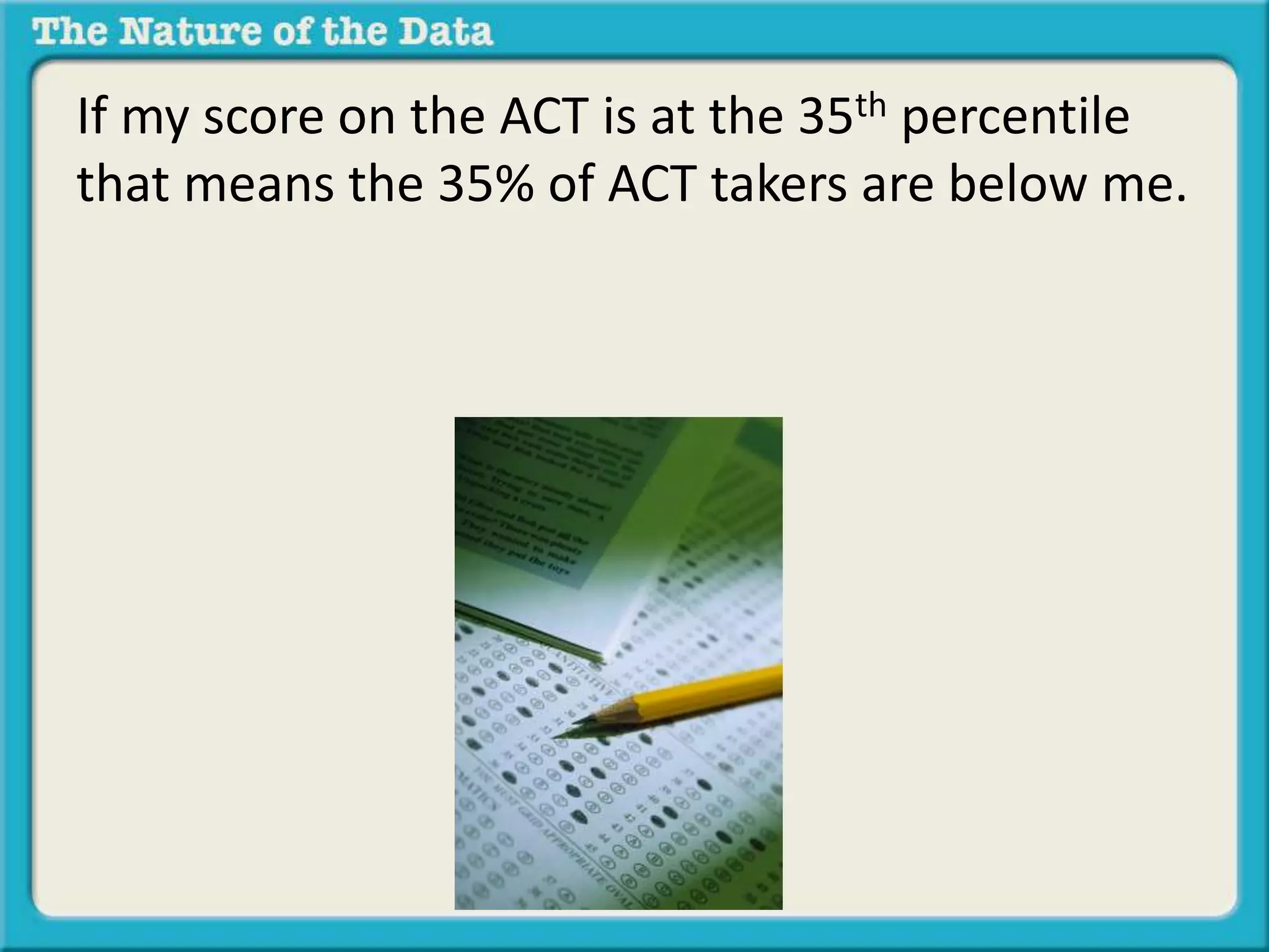 If my score on the ACT is at the 35th percentile 
that means the 35% of ACT takers are below me. 
 