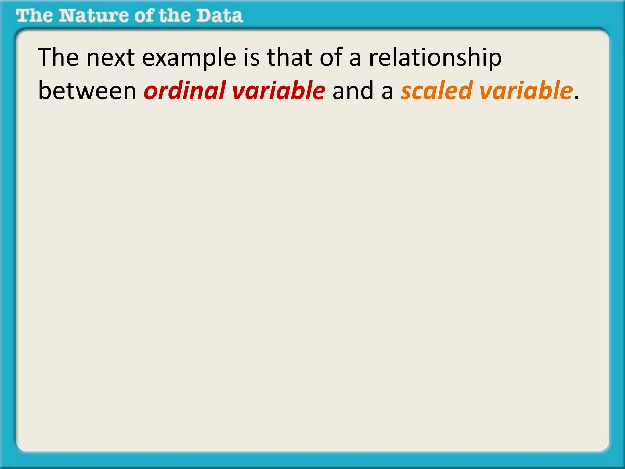 The next example is that of a relationship 
between ordinal variable and a scaled variable. 
 