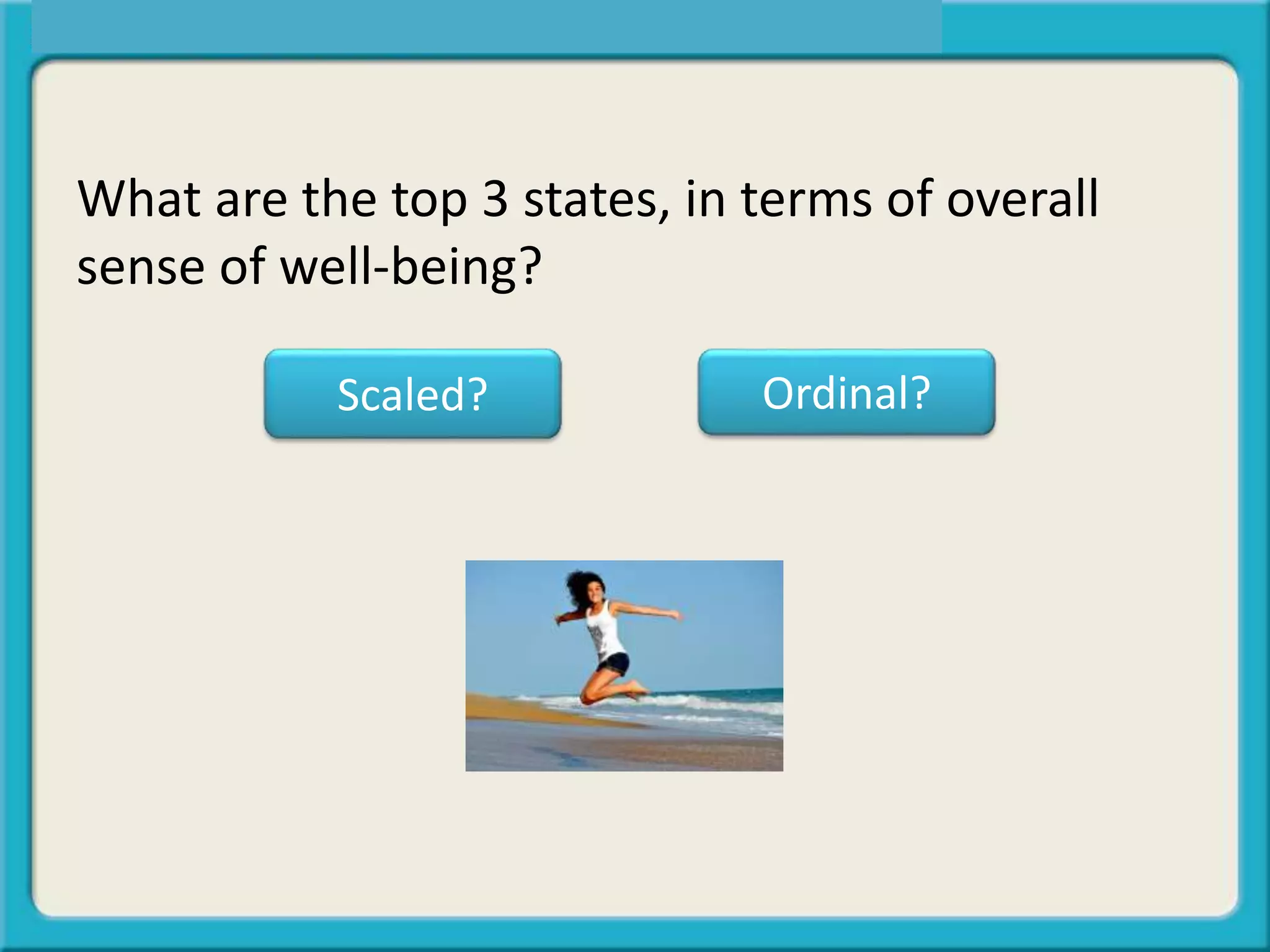 What are the top 3 states, in terms of overall
sense of well-being?
Scaled? Ordinal?
 
