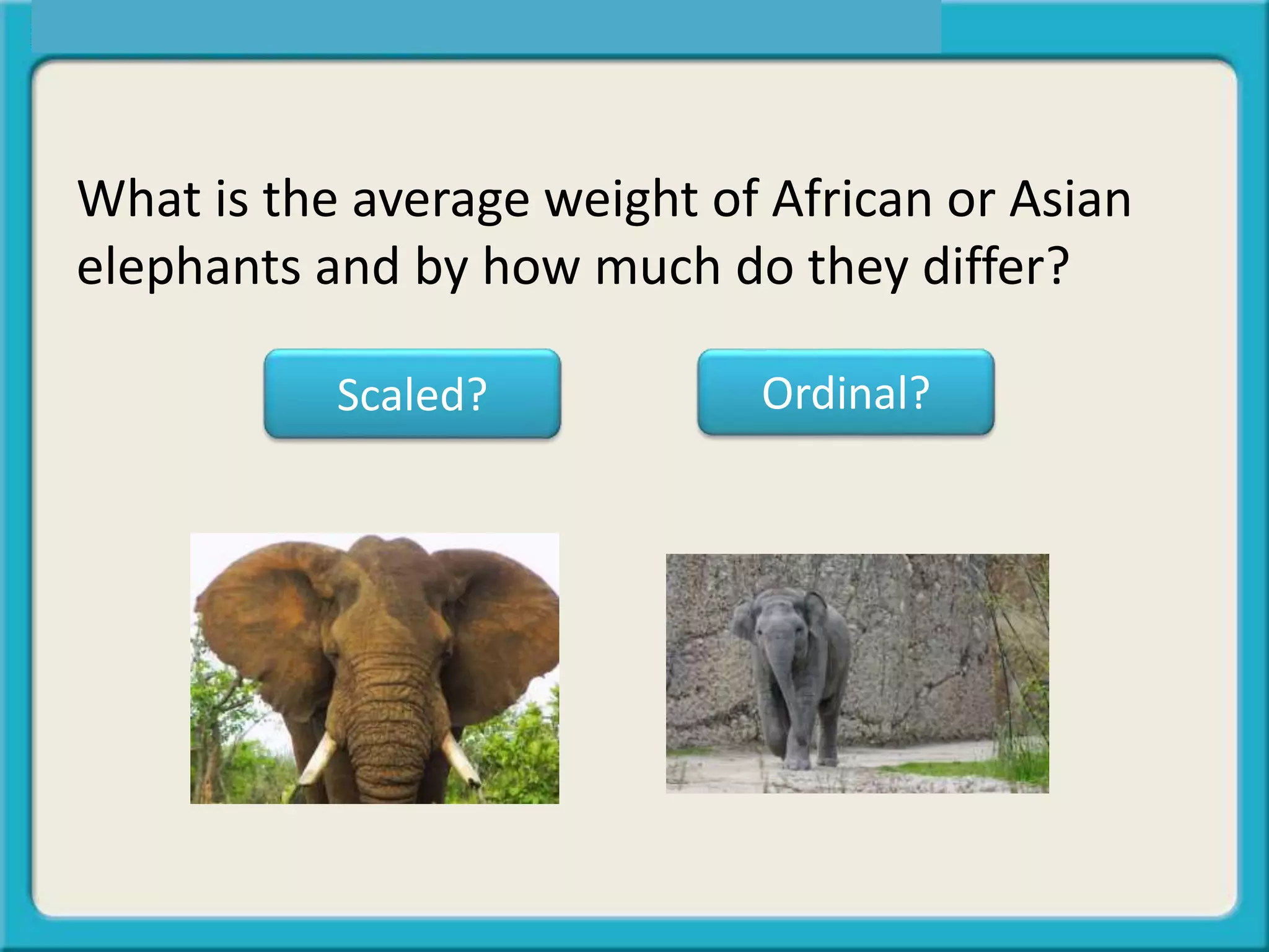 What is the average weight of African or Asian
elephants and by how much do they differ?
Scaled? Ordinal?
 