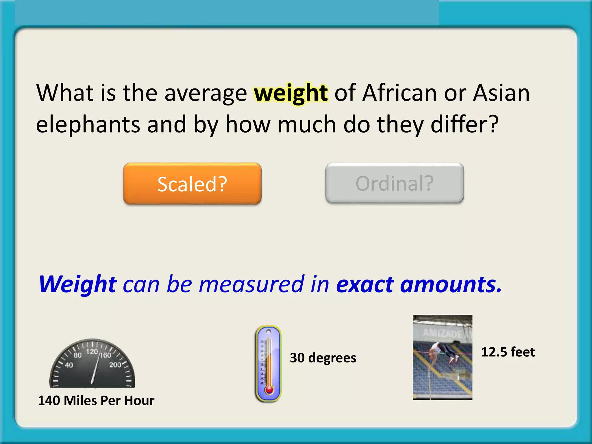 Weight can be measured in exact amounts.
What is the average weight of African or Asian
elephants and by how much do they differ?
Scaled? Ordinal?
12.5 feet30 degrees
140 Miles Per Hour
 