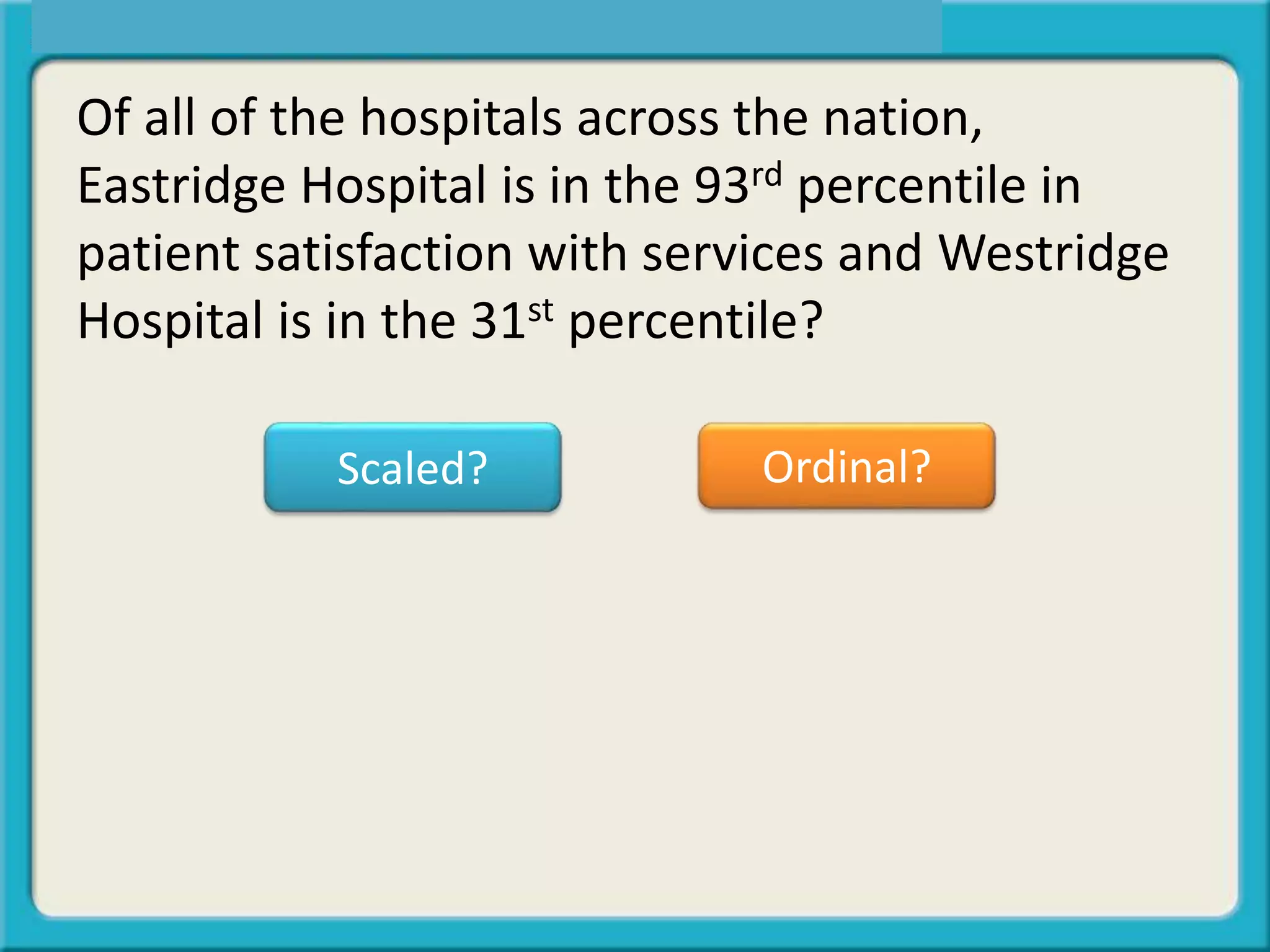 Of all of the hospitals across the nation,
Eastridge Hospital is in the 93rd percentile in
patient satisfaction with services and Westridge
Hospital is in the 31st percentile?
Scaled? Ordinal?
 