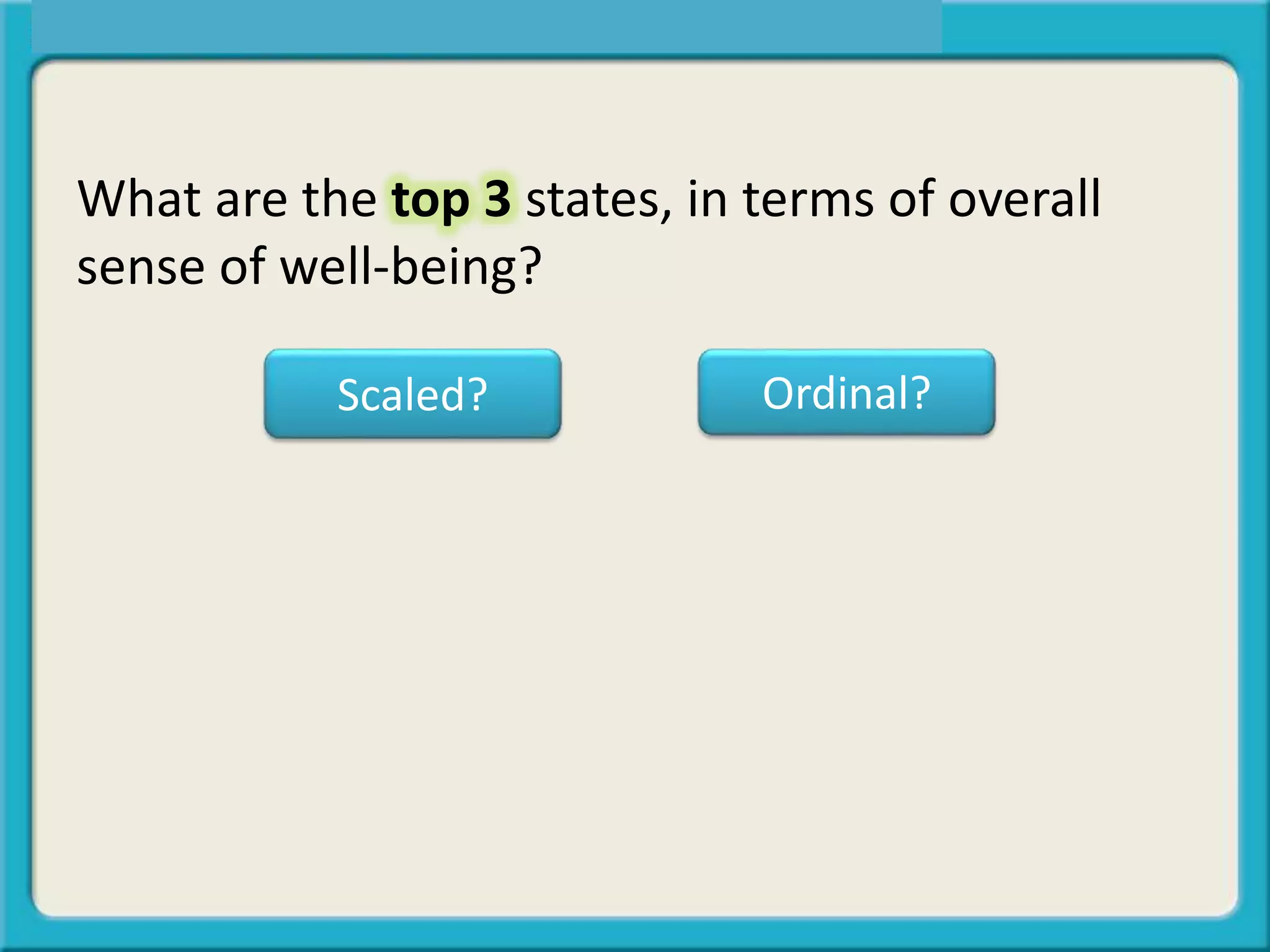 What are the top 3 states, in terms of overall
sense of well-being?
Scaled? Ordinal?
 