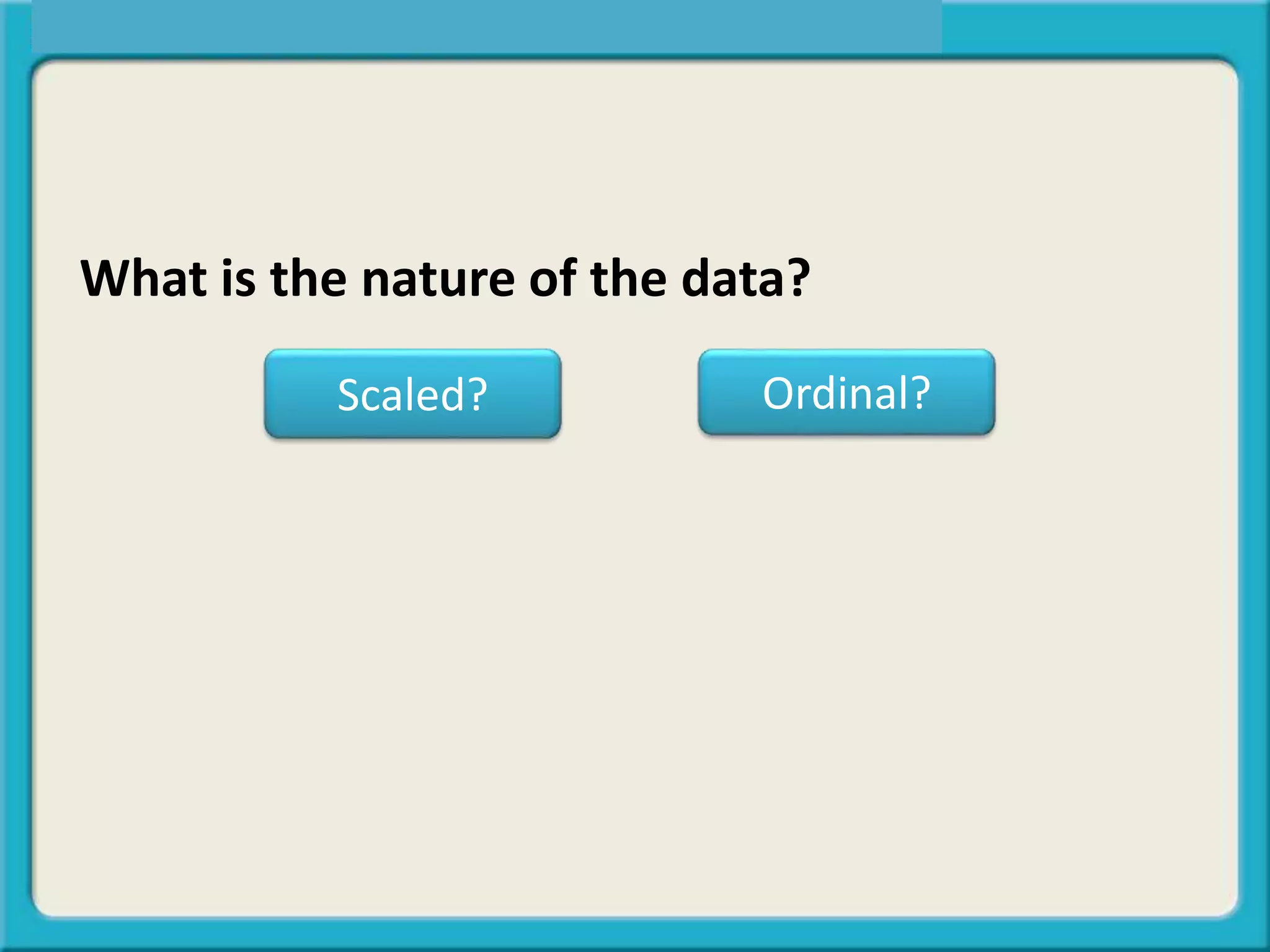What is the nature of the data?
Scaled? Ordinal?
 