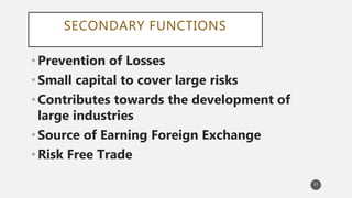 SECONDARY FUNCTIONS
•Prevention of Losses
•Small capital to cover large risks
•Contributes towards the development of
large industries
•Source of Earning Foreign Exchange
•Risk Free Trade
11
 