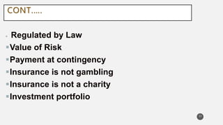  Regulated by Law
Value of Risk
Payment at contingency
Insurance is not gambling
Insurance is not a charity
Investment portfolio
CONT.….
13
 