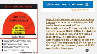 • Bajaj Allianz General Insurance Company
Limited was incorporated in the year 2001
and is headquartered in Pune,
Maharashtra, India. The company is a joint
venture between Bajaj FinServ Limited and
Allianz SE holding 76% and 26% shares
respectively. The company has an
authorized and paid up capital of INR 140
Crores. IT has registered 28.1% increase in
its net profit and revenue growth of 15.6%
over the last fiscal year.
22
 