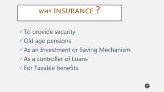 WHY INSURANCE ?
To provide security
Old age pensions
As an Investment or Saving Mechanism
As a controller of Loans
For Taxable benefits
8
 