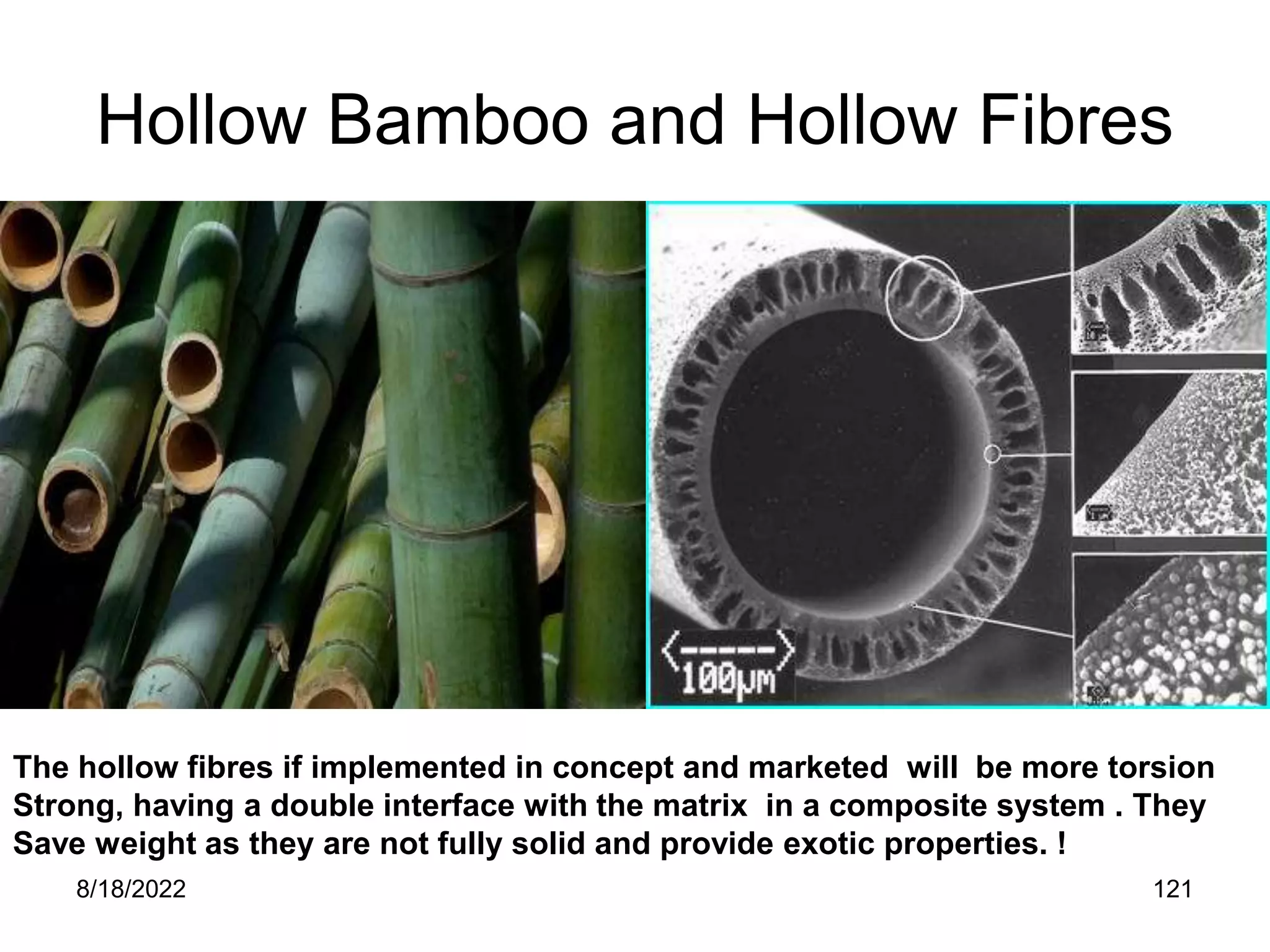 8/18/2022 121
Hollow Bamboo and Hollow Fibres
The hollow fibres if implemented in concept and marketed will be more torsion
Strong, having a double interface with the matrix in a composite system . They
Save weight as they are not fully solid and provide exotic properties. !
 