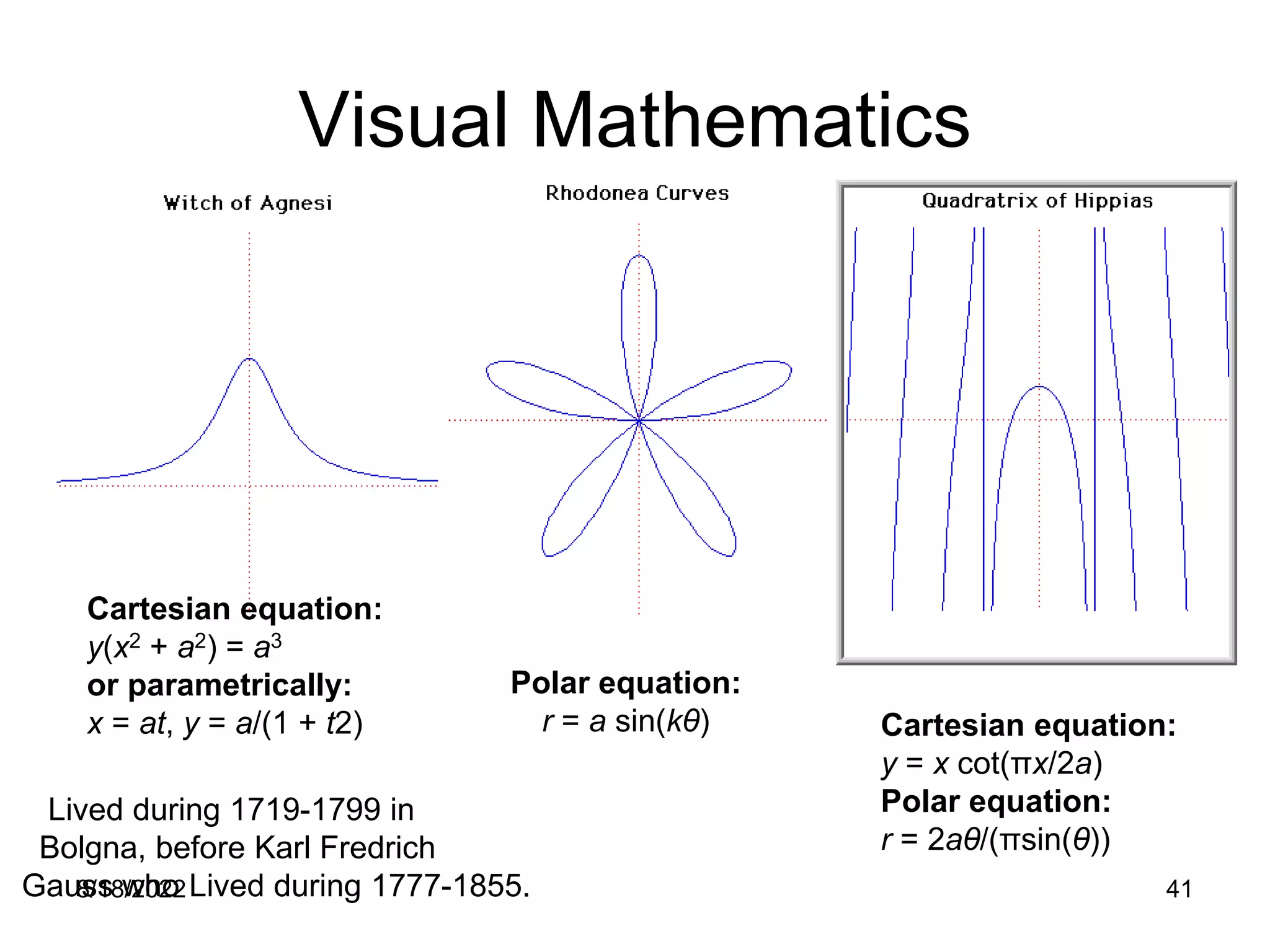 8/18/2022 41
Visual Mathematics
Cartesian equation:
y(x2 + a2) = a3
or parametrically:
x = at, y = a/(1 + t2)
Polar equation:
r = a sin(kθ) Cartesian equation:
y = x cot(πx/2a)
Polar equation:
r = 2aθ/(πsin(θ))
Lived during 1719-1799 in
Bolgna, before Karl Fredrich
Gauss who Lived during 1777-1855.
 