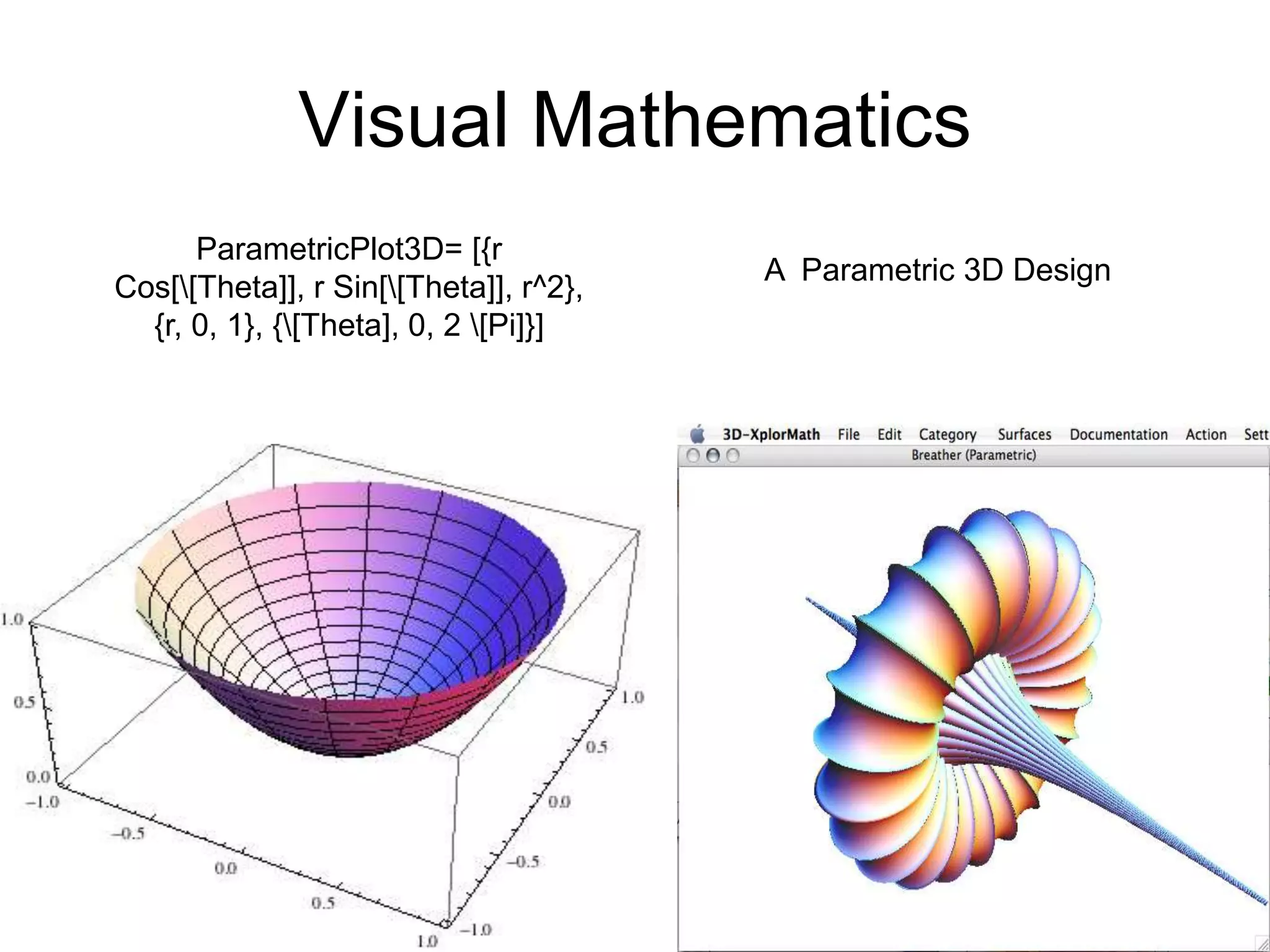 8/18/2022 43
Visual Mathematics
ParametricPlot3D= [{r
Cos[[Theta]], r Sin[[Theta]], r^2},
{r, 0, 1}, {[Theta], 0, 2 [Pi]}]
A Parametric 3D Design
 