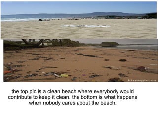 the top pic is a clean beach where everybody would contribute to keep it clean. the bottom is what happens when nobody cares about the beach. 