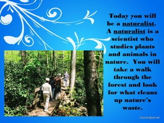 Today you will
be a naturalist.
A naturalist is a
  scientist who
  studies plants
 and animals in
nature. You will
   tak...