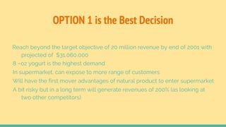 OPTION 1 is the Best Decision
Reach beyond the target objective of 20 million revenue by end of 2001 with
projected of $31,060,000
8 –oz yogurt is the highest demand
In supermarket, can expose to more range of customers
Will have the first mover advantages of natural product to enter supermarket
A bit risky but in a long term will generate revenues of 200% (as looking at
two other competitors)
 