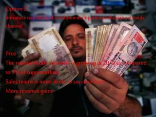 Option2
Introduce two SKUs of a children multipackinto thenaturalfoods
channel
Pros
The naturalfoodschannels is growing at 20 % as compared
to 3% of supermarkets.
Sales teams ismore likely to succeed here.
More revenue gains
 