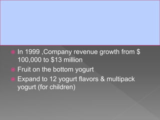  In 1999 ,Company revenue growth from $
100,000 to $13 million
 Fruit on the bottom yogurt
 Expand to 12 yogurt flavors & multipack
yogurt (for children)
 