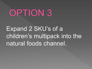 Expand 2 SKU’s of a
children’s multipack into the
natural foods channel.
 