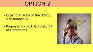 OPTION 2
• Expand 4 SKUs of the 32-oz.
size nationally
• Proposed by Jack Gottlieb, VP
of Operations
 
