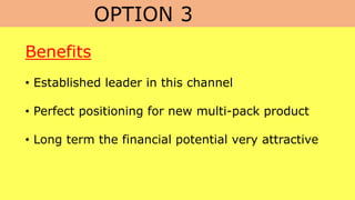 OPTION 3
Benefits
• Established leader in this channel
• Perfect positioning for new multi-pack product
• Long term the financial potential very attractive
 