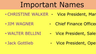 Important Names
• CHRISTINE WALKER - Vice President, Mar
• JIM WAGNER - Chief Finance Officer
• WALTER BELLINI - Vice President, Sales
• Jack Gottlieb - Vice President, Oper
 