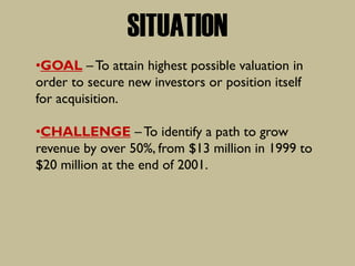 SITUATION
•GOAL – To attain highest possible valuation in
order to secure new investors or position itself
for acquisition.
•CHALLENGE – To identify a path to grow
revenue by over 50%, from $13 million in 1999 to
$20 million at the end of 2001.
 