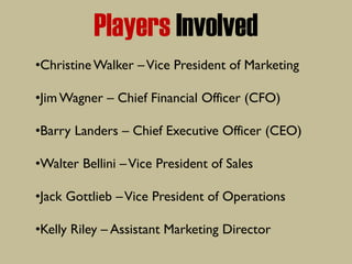 Players Involved
•Christine Walker –Vice President of Marketing
•Jim Wagner – Chief Financial Officer (CFO)
•Barry Landers – Chief Executive Officer (CEO)
•Walter Bellini –Vice President of Sales
•Jack Gottlieb –Vice President of Operations
•Kelly Riley – Assistant Marketing Director
 