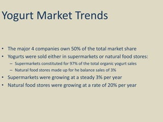 Yogurt Market Trends
• The major 4 companies own 50% of the total market share
• Yogurts were sold either in supermarkets or natural food stores:
– Supermarkets constituted for 97% of the total organic yogurt sales
– Natural food stores made up for he balance sales of 3%
• Supermarkets were growing at a steady 3% per year
• Natural food stores were growing at a rate of 20% per year
 