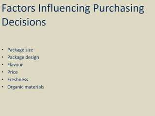Factors Influencing Purchasing
Decisions
• Package size
• Package design
• Flavour
• Price
• Freshness
• Organic materials
 