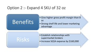 Option 2 :- Expand 4 SKU of 32 oz
• Give higher gross profit margin than 8
oz
• Strong shelf life and lower marketing
advantage
Benefits
• Establish relationships with
supermarket brokers
• Increase SG$A expanse by $160,000Risks
 
