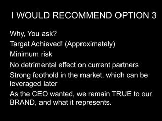 I WOULD RECOMMEND OPTION 3
Why, You ask?
Target Achieved! (Approximately)
Minimum risk
No detrimental effect on current partners
Strong foothold in the market, which can be
leveraged later
As the CEO wanted, we remain TRUE to our
BRAND, and what it represents.
 