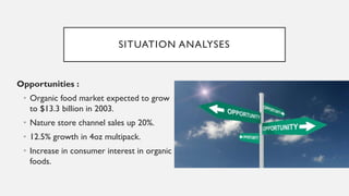 SITUATION ANALYSES
Opportunities :
• Organic food market expected to grow
to $13.3 billion in 2003.
• Nature store channel sales up 20%.
• 12.5% growth in 4oz multipack.
• Increase in consumer interest in organic
foods.
 