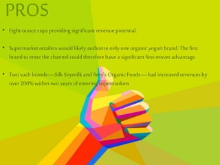 PROS
• Eight-ounce cups providing significant revenue potential.
• Supermarketretailers would likely authorize only oneorganic yogurt brand. The first
brand to enter the channel could therefore have a significant first-mover advantage.
• Two such brands—Silk Soymilk and Amy’s OrganicFoods—had increasedrevenues by
over 200% within two years of entering supermarkets
 