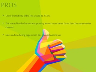 PROS
• Gross profitability of the line would be37.6%.
• Thenatural foods channel was growing almost seven times faster than the supermarket
channel
• Sales and marketing expenses in this channel were lower
 