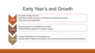 Early Year’s and Growth
1989
• Founded in Cabot, Vermont
• Manufactured (8oz and 12oz) and Marketed refrigerated cup yogurt
• Only used natural ingredients
1999
• Revenue grows from $100,000 to $13 million
• Additional flavors added to its product category
2000
• Introduced Multipack and 12oz yogurt case.
• Market Leader in Natural Food Channel due to strong relationship with natural food retailers
 