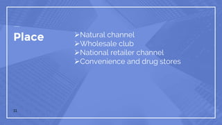 Place Natural channel
Wholesale club
National retailer channel
Convenience and drug stores
11
 
