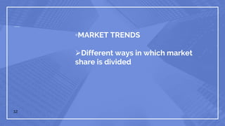 ▫MARKET TRENDS
Different ways in which market
share is divided
12
 
